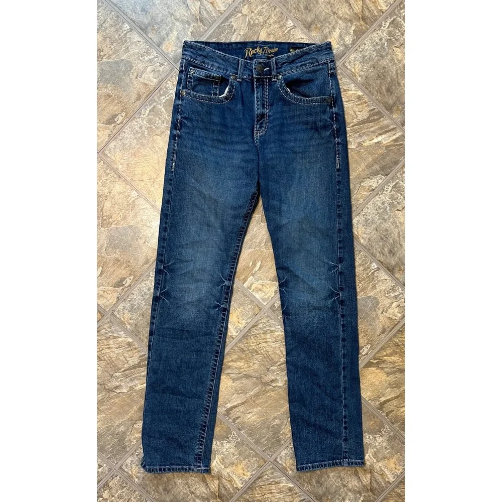 Wrangler Rock 47 Jeans Mens 31x36 Blue Slim Straight Contrast Stitch